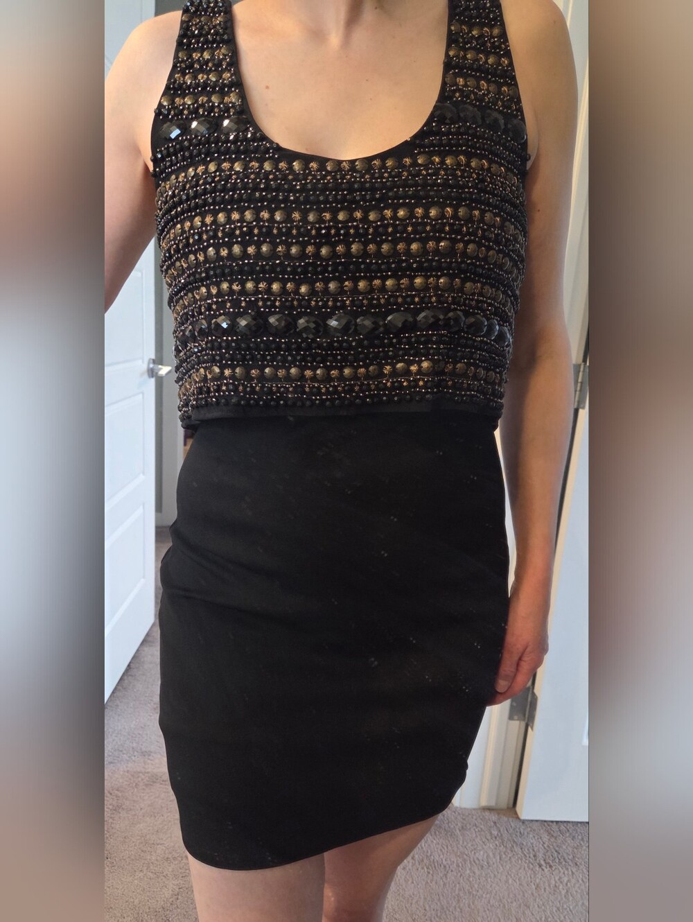 Bebe Black Sleeveless Beaded Cocktail Mini Dress Size Medium Party